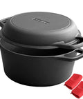 2-In-1 Preseasoned Cast Iron Dutch Oven Pot With Skillet Lid, Dual-Handle Cast Iron Cookware Set, 5 Qt, with red handle covers