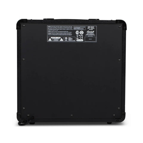 Rear view of MG15GFX 15W Guitar Amplifier With Four Channels And Dope Built In Digital FX Featuring Chorus Phaser Flanger Delay Octave And Reverb Studio Or Spring Plus Three Band EQ And Headphones Output Black showing ports and labels.