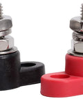 Heavy Duty 3/8 Inch Stainless Steel Single Stud Power And Ground Junction Block In Red And Black With Mounts And Mounting Holes Nylon Construction Integrated Nut For Tightening Includes Stud Covers 404-120 For Complete Installation. Red and black stud blocks with mounting holes
