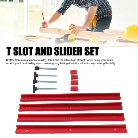 T Slot Track Kit With M8 Slider Blocks, 400mm Aluminum Rail displayed with woodworking setup.