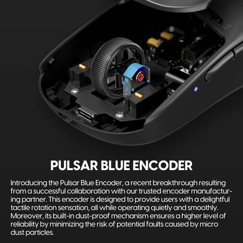 Interior view of the Premium Lightweight Wireless Gaming Mouse featuring the Pulsar Blue Encoder for enhanced accuracy.
