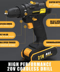 21V Cordless Drill Set With Two Batteries And Charger, featuring keyless chuck, dual speed, and 19 torque settings for DIY projects