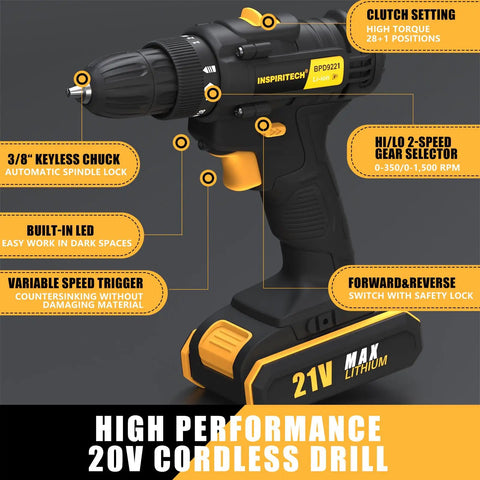 21V Cordless Drill Set With Two Batteries And Charger, featuring keyless chuck, dual speed, and 19 torque settings for DIY projects
