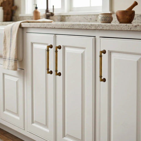 10 Pack Antique Brass Cabinet Pulls, 5 Inch Length, installed on white kitchen cabinet doors.