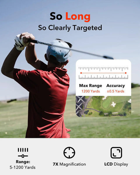 Golf Rangefinder With Slope Switch And Magnetic Mount For Easy Yard Reads with 1200 Yard Range in use by a golfer