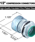 Kickass 10 Pack 1/2 Inch EMT Raintight Compression Connectors showing dimensions and zinc plated steel design for reliable wiring.