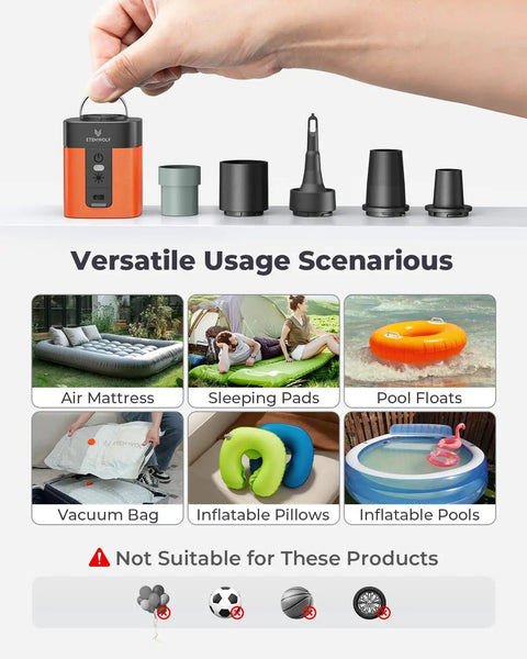 Tiny But Mighty Portable Air Pump For Inflatables With 2600mAh Battery And Camping Light, attachments for air beds and pool floats
