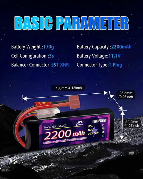 11.1V 3S 2200mAh 50C LiPo Battery Pack With T Plug For FPV Drones Quadcopters RC Airplanes JST XHR Charge Plug details