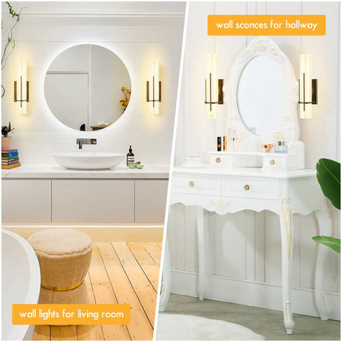 Dope Modern Black LED Wall Sconce Set of Two for Living Room and Hallway with Crystal Glass No Bulbs Needed, indoor bathroom and hallway view.
