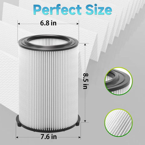 2 Pack VF4000 Wet Dry Vacuum Filter Replacement showing dimensions and pleated design for 5 to 20 gallon vacuums