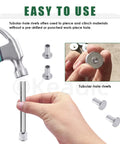 Rivets Assortment Kit With 150Pcs M6 Aluminum Flat Head Semi Tubular Rivets In 8mm 16mm 20mm 25mm 30mm Sizes Plus One Installer Setter Tool For Leather Craft DIY Auto Projects, showing installation with a hammer.