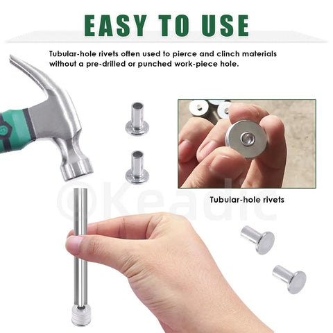 Rivets Assortment Kit With 150Pcs M6 Aluminum Flat Head Semi Tubular Rivets In 8mm 16mm 20mm 25mm 30mm Sizes Plus One Installer Setter Tool For Leather Craft DIY Auto Projects, showing installation with a hammer.