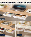Kick Clutter To The Curb With This Slick Under Desk Drawer Organizer 2 Pack displayed in home office, dorm, and vanity setups.
