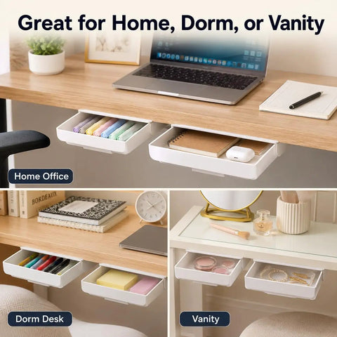 Kick Clutter To The Curb With This Slick Under Desk Drawer Organizer 2 Pack displayed in home office, dorm, and vanity setups.