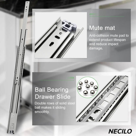 Heavy Duty Drawer Slides Without Lock 150Lb Full Extension Ball Bearing Rails For Kitchen Cabinets Side Mount Metal Tracks 20 To 40 Inch Pair Rust Resistant Zinc Coated Construction, close-up of ball bearing and mute mat features.