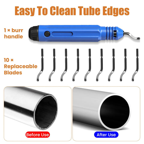 Flexible Pipe Deburring Tool With Swivel Blades And Anti Slip Handle Beefy 10 High Speed Steel Blades shown with replaceable blades and usage comparison.