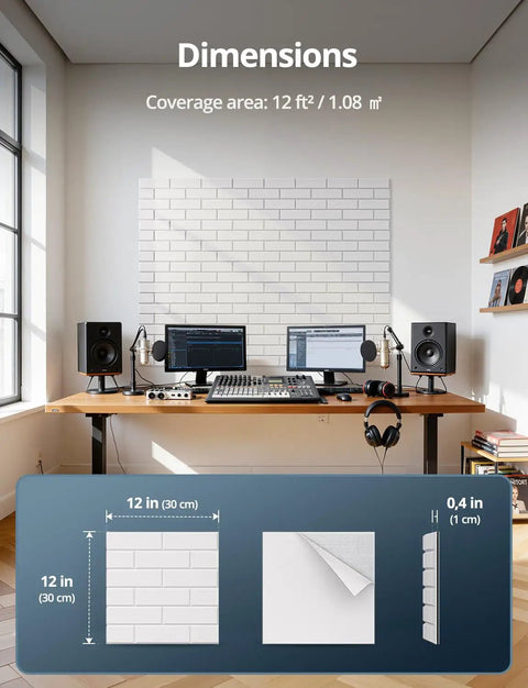 Dimensions of Heavy Duty Acoustic Sound Absorbing Honeycomb Wall Panels with coverage area displayed in a home office setup.