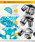Close-up image of Starter Compound Monocular Microscope With 40X To 1000X Magnification Dual Illumination showcasing magnification levels.