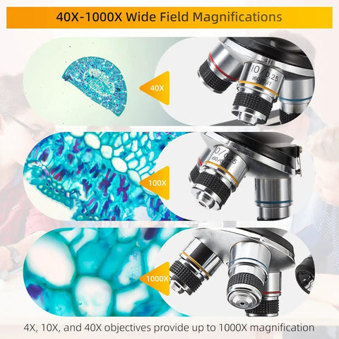 Close-up image of Starter Compound Monocular Microscope With 40X To 1000X Magnification Dual Illumination showcasing magnification levels.