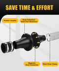 Side view of GOOWAY magnetic dust-collection fittings kit showing rubber coupler, magnetic duct connector, steel hose clamp