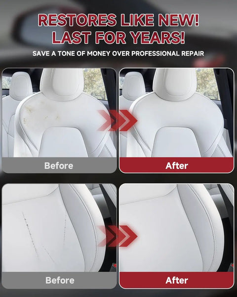 Before and after results of White Leather Recoloring Balm Kit For Tesla Interiors Dope 8-Piece Leather Scratch And Color Restorer