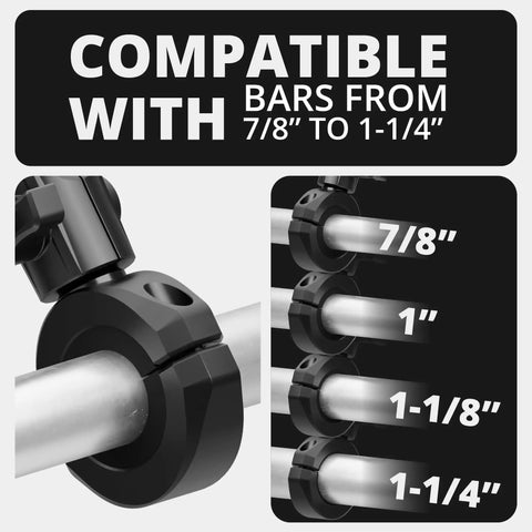 All Metal Motorcycle Phone Mount With 20MAXX Vibration Dampening Spring Cradle, Universal Clamp showing bar size compatibility