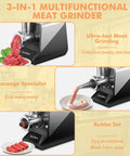 Heavy Duty Electric Meat Grinder 2800W Sausage Stuffer with three plates, grinding minced meat and sausages in kitchen.