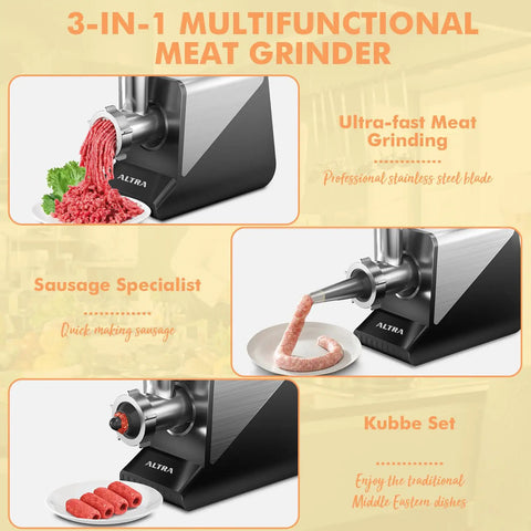 Heavy Duty Electric Meat Grinder 2800W Sausage Stuffer with three plates, grinding minced meat and sausages in kitchen.