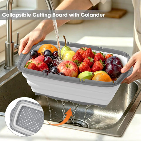 9 In 1 Collapsible Cutting Board With Colander For Camping washing fruits in a kitchen sink, gray finish.