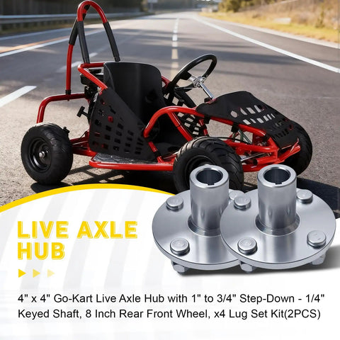Go Kart Live Axle Hub 4x4 With One Inch To Three Quarter Inch Step Down One Quarter Inch Keyed Shaft with 8in Wheels, Two Pack