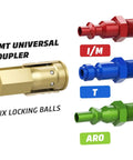 AMT universal coupler and three colored fittings for Automatic Retractable Air Hose Reel With Enclosed Case Fifty Feet Of Three Eighth Inch Hybrid Hose Fittings And Swivel Mount Built Tough And Lightweight Abrasion Resistant Flexible In Sub Zero Temperatures Max Three Hundred PSI