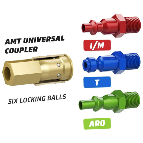 AMT universal coupler and three colored fittings for Automatic Retractable Air Hose Reel With Enclosed Case Fifty Feet Of Three Eighth Inch Hybrid Hose Fittings And Swivel Mount Built Tough And Lightweight Abrasion Resistant Flexible In Sub Zero Temperatures Max Three Hundred PSI