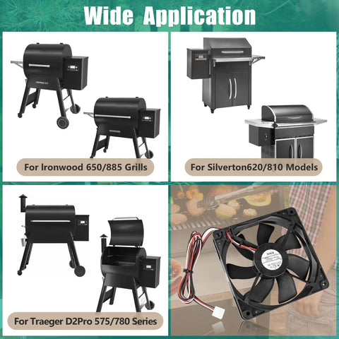 Pellet Grill Induction Fan Motor Replacement 11925SA 12R BU For D2 Pro 575 780 And Ironwood 650 885 Oven Circulation Fans Black 12V 0.86A Beefed Up Airflow For Quiet Even Heating. Various compatible grill models in background.