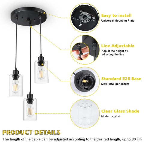 Sleek 3 Light Cluster Pendant In Black With Clear Glass Shades Adjustable Vintage Hanging Light For Kitchen Island Dining Room Foyer And Hallway E26 Base Fixture with clear glass shades and black finish mounting details.