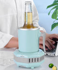 Fast Electric Drink Cooler Cup With Dual Chill Modes And Hassle Free One Touch Control For Straight Up Frosty Brews Juices Or Milk In 420 Ml Aluminum Mug Perfect For Weekend Tailgates And Summer Stashes with a bottle inside on a desk.