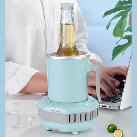 Fast Electric Drink Cooler Cup With Dual Chill Modes And Hassle Free One Touch Control For Straight Up Frosty Brews Juices Or Milk In 420 Ml Aluminum Mug Perfect For Weekend Tailgates And Summer Stashes with a bottle inside on a desk.