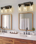 Rustic Farmhouse Vanity Light Fixture Over Mirror Three Light Industrial Matte Black Wall Sconces With Wood Accents And Clear Glass Shades for cozy bathroom.
