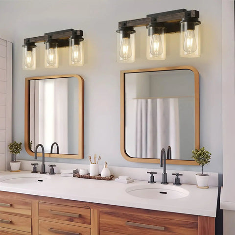 Rustic Farmhouse Vanity Light Fixture Over Mirror Three Light Industrial Matte Black Wall Sconces With Wood Accents And Clear Glass Shades for cozy bathroom.