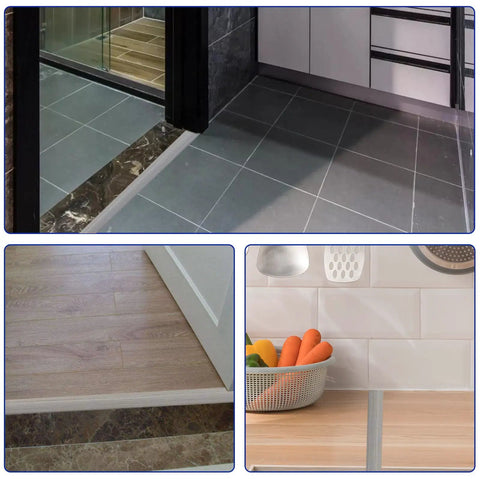 Tile floors with Peel And Stick Self Adhesive Vinyl Floor Transition Strip 20 Feet Long Rubber Door Edge Trim in woodgrain grey finish