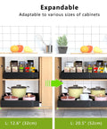 No Sweat Roll Out Cabinet Organizers Two Pack Adjustable Width Storage Bins With Strong Nano Adhesive Tape view of adaptable storage bins.