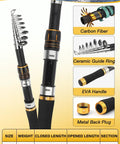 6.89 Foot Carbon Fiber Telescopic Fishing Rod And Spinning Reel Combo For Newbie Anglers shown with specs and details