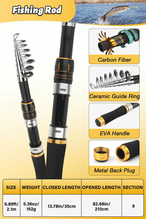 6.89 Foot Carbon Fiber Telescopic Fishing Rod And Spinning Reel Combo For Newbie Anglers shown with specs and details
