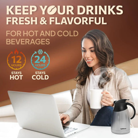 Woman enjoying coffee with Thermal Insulated Coffee Carafe Pitcher 51 Oz Vacuum Double Walled Stainless Steel Thermos