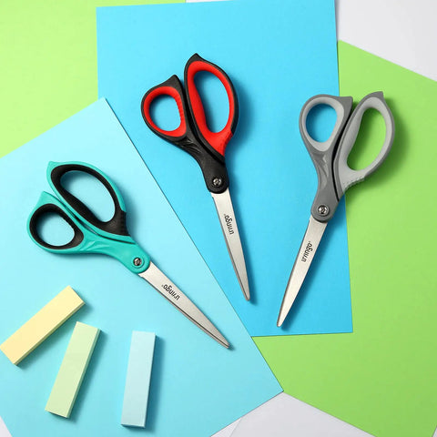 3 Pack 8.5 Inch All Purpose Scissors For Fabric And Paper, Ultra Sharp Stainless Steel Cutters, Durable, Rust Resistant, Everyday Crafting, Office And School Use on colored paper