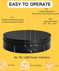Features of JAYEGT 22lbs Motorized Rotating Turntable Display Stand highlighting control buttons and USB power interface.
