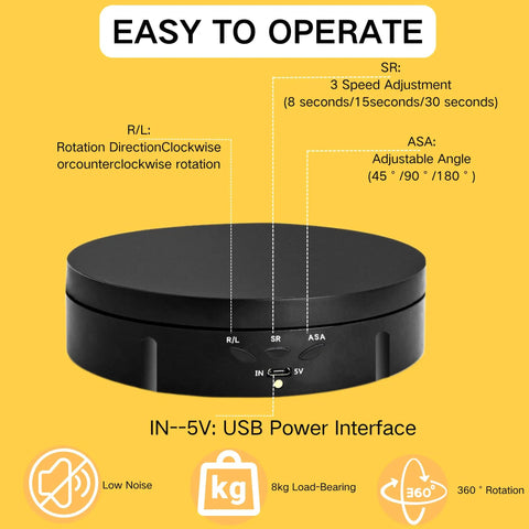 Features of JAYEGT 22lbs Motorized Rotating Turntable Display Stand highlighting control buttons and USB power interface.