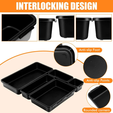 Interlocking black plastic bins with anti-slip design from 100 Pack Toolbox Organizer Trays And Drawer Dividers Set In 5 Sizes