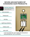 Built Tough 22 Inch LED Shower System With Bluetooth Audio And Digital Thermostat showing digital display and advantages on antique brass finish.