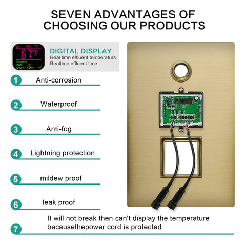 Built Tough 22 Inch LED Shower System With Bluetooth Audio And Digital Thermostat showing digital display and advantages on antique brass finish.