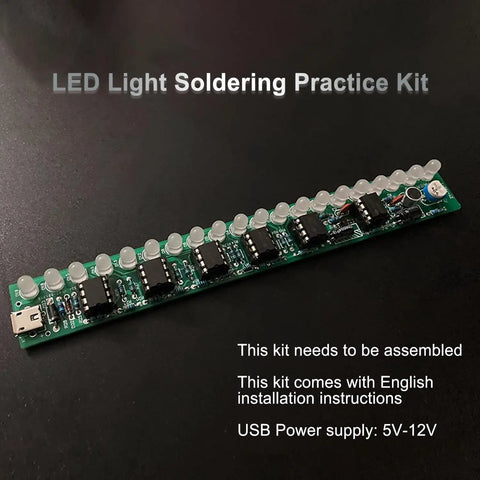 Large 4017 LED Light Soldering Practice Kit with sequenced LEDs and PCB, showing components for sound-reactive DIY setup.